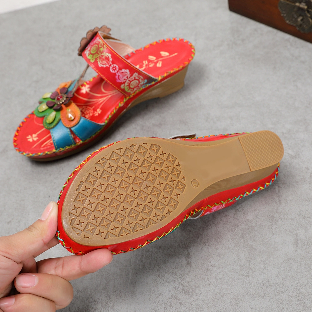 Lady′s Bohemian Floral Leather Slipper Hand Sewn Beads Flip Flop